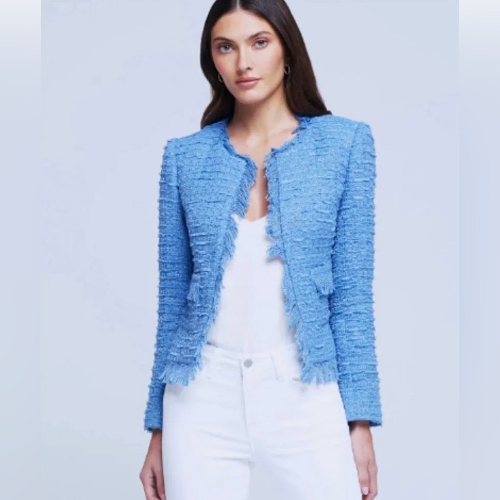 L'Agence Angelina Tweed Fringe Blazer in Riviera Blue Strong Shoulders